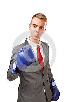 Businessman with blue boxing gloves