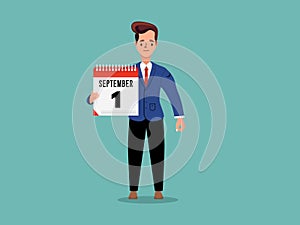 Businessman in a blue coat holding the calendar, showing the 1 date of September vector illustration design