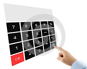 businessman in blue shirt pressing equal sign button on touch screen digital calculator interface