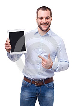 Businessman in blue shirt shows touch screen