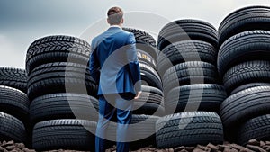 Businessman in blue suit standing in front of large stack of tires..