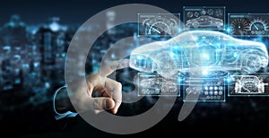 Businessman using modern smart car interface 3D rendering