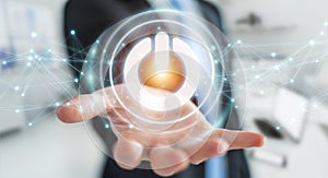 Businessman using 3D render power button with connections