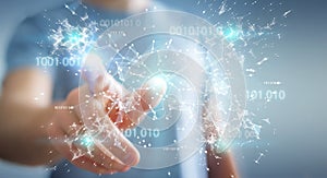 Businessman using digital binary code connection network 3D rend