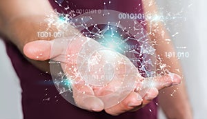 Businessman using digital binary code connection network 3D rend