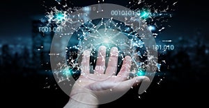 Businessman using digital binary code connection network 3D rend