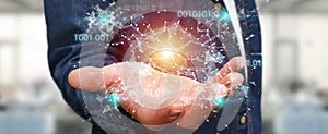 Businessman using digital binary code connection network 3D rend