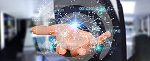 Businessman using digital binary code connection network 3D rend
