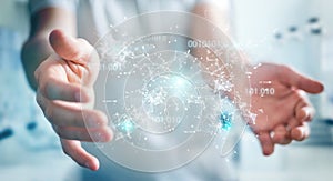 Businessman using digital binary code connection network 3D rend