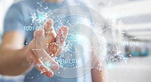 Businessman using digital binary code connection network 3D rend