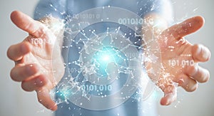 Businessman using digital binary code connection network 3D rend