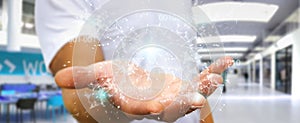 Businessman using digital binary code connection network 3D rendering