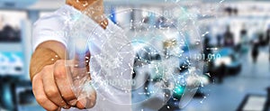 Businessman using digital binary code connection network 3D rend