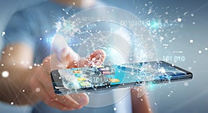 Businessman using digital binary code on mobile phone 3D rendering