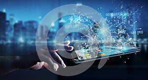 Businessman using digital binary code on mobile phone 3D rendering