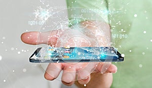 Businessman using digital binary code on mobile phone 3D rendering