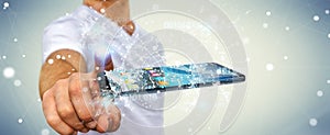 Businessman using digital binary code on mobile phone 3D rendering