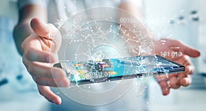 Businessman using digital binary code on mobile phone 3D rendering
