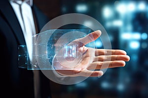 Businessman on blurred background using digital holographic projection 3D rendering, Businessman's hand on