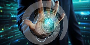 Businessman on blurred background using digital padlock interface 3D rendering, Generative AI illustrations