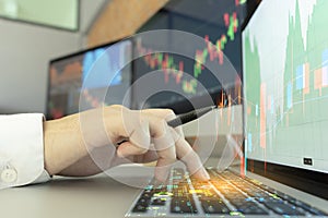 Businessman on blurred background using flying network connection Close-up