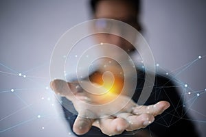 Businessman on blurred background using flying network