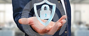 Businessman using modern data shield antivirus 3D rendering