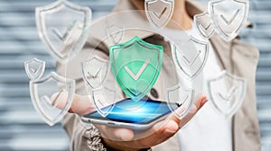 Businessman using modern data shield antivirus 3D rendering