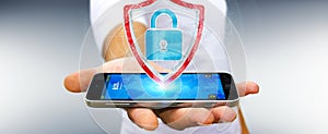 Businessman using modern data shield antivirus 3D rendering
