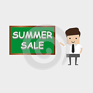 The businessman at the board. Summer sale on the board