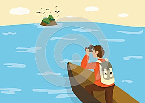 Businessman on boat with binoculars He is looking for customers The concept of the sea and the waves is a journey. The island is