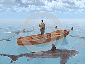 Emprendedor en un barco Rodeado de acuerdo tiburones 