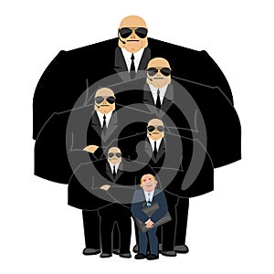 Businessman with bodyguards. VIP protection. Black suit and hand