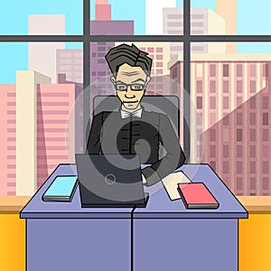 Businessman Boss CEO Cartoon Character at the desk with laptop