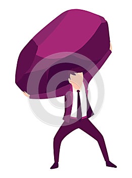 Businessman with boulder vector illustration. Stressed mans carry heavy stone on shoulder overwhelmed with problem or