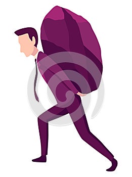 Businessman with boulder vector illustration. Stressed mans carry heavy stone on shoulder overwhelmed with problem or
