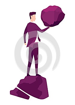 Businessman with boulder vector illustration. Stressed mans carry heavy stone on shoulder overwhelmed with problem or