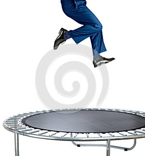 Businessman bouncing on a trampoline on white