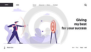 Businessman with Bow and Arrow Aiming Target Landing Page Template. Man Shooting at Target. Goal Achievement