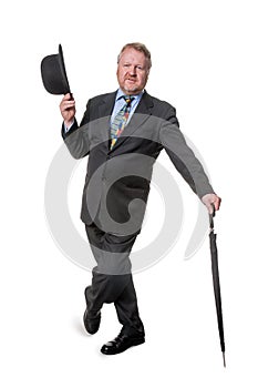 Businessman with bowler hat & brolly - on white