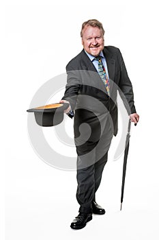 Businessman with bowler hat & brolly - on white