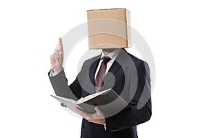 Businessman with box on head pointing up