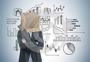 Businessman with a box on his head, data stats