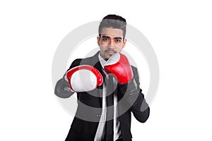 Businessman in boxing gloves holds knockout