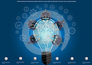 Vector businessman brainstorming for ideas for success with the light bulb, the brain, icons, cogs, flat design.