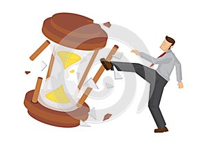 Businessman break the hourglass. Concept of time management or urgency