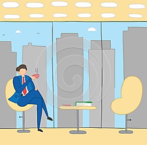 Businessman break time, drinking coffee or tea, hand-drawn vector illustration