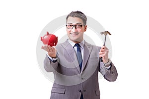 The businessman breaking piggybank isolated white background