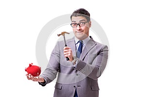 The businessman breaking piggybank isolated white background