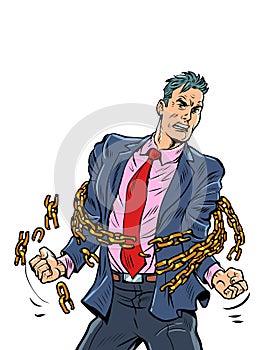 a businessman breaks the chains, a symbol of freedom and struggle against economic and political ties. Citizen and his